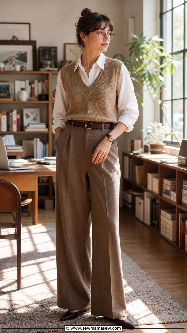 Knit Vest and Wide Leg Trousers - 25 librarian core outfits inspo