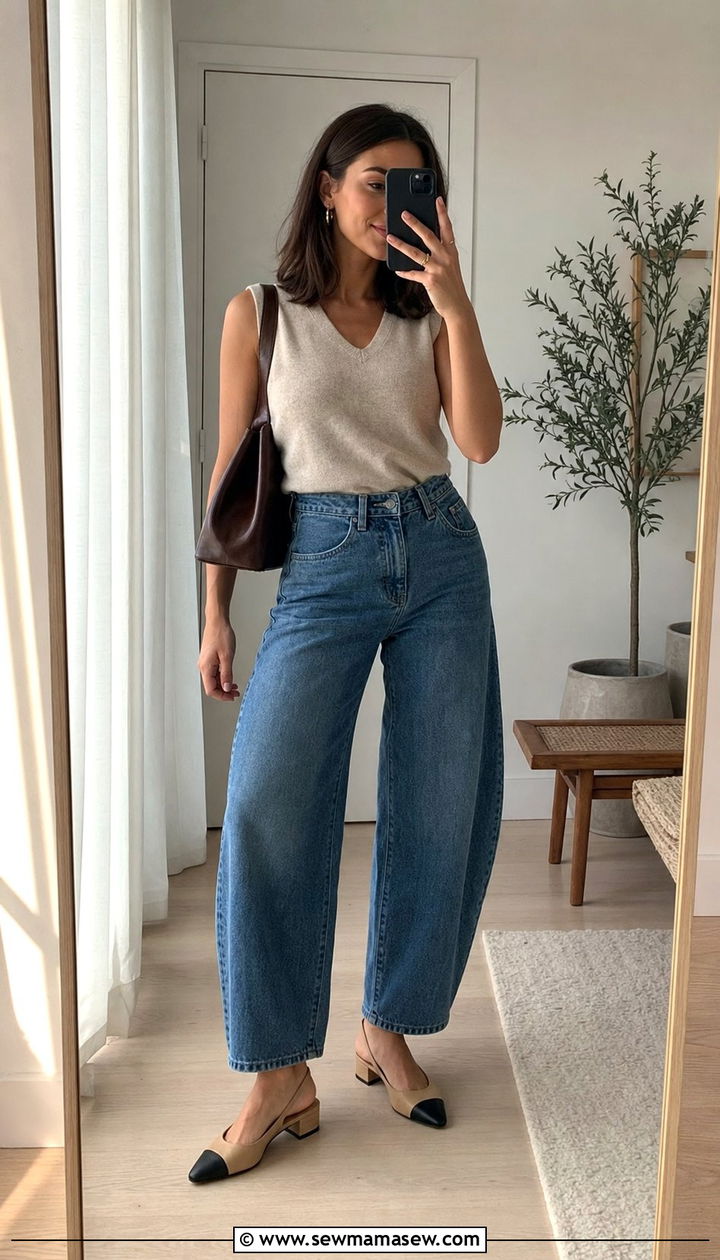 Knit Vest with Barrel Leg Jeans and Slingback Flats - 25 spring vest outfit ideas