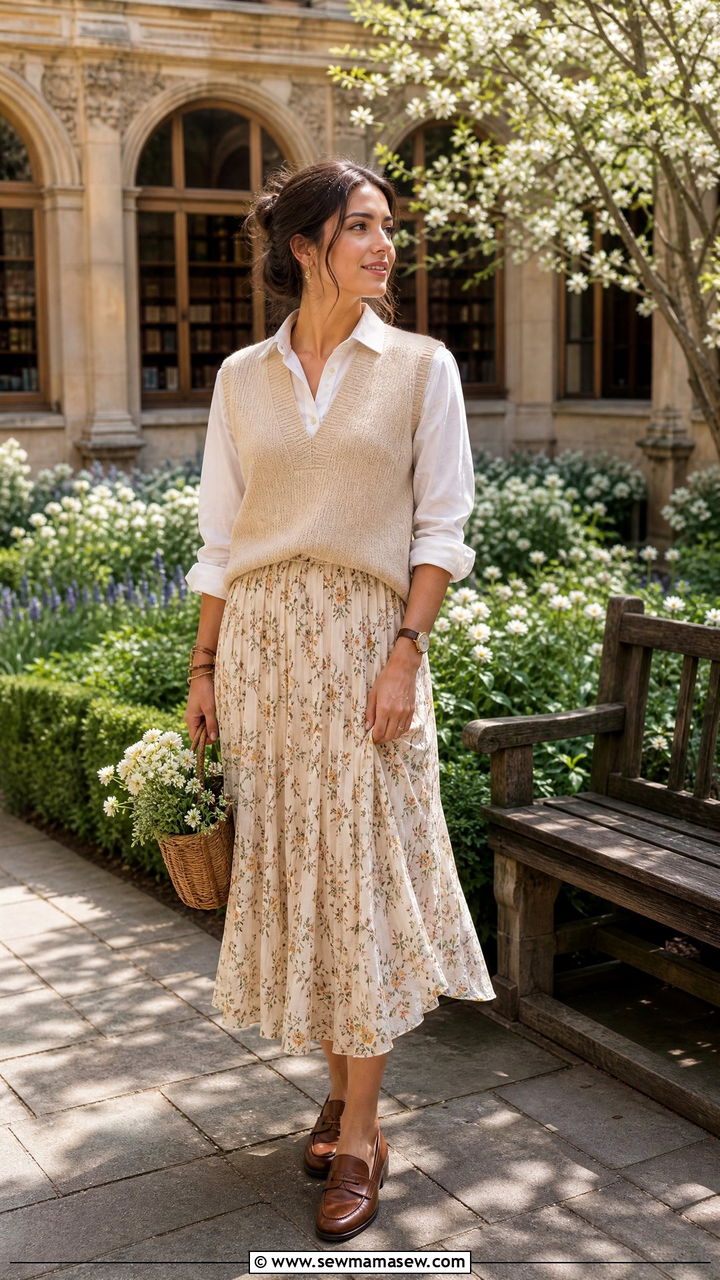 Knit Vest with Button Up Shirt and Midi Skirt - 30 Cottagecore spring outfits