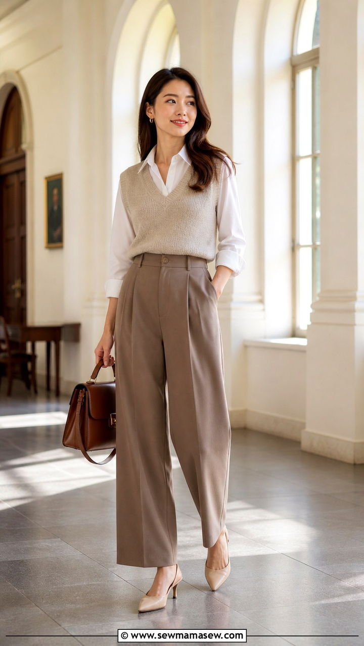 Knit Vest with Button Up Shirt and Trousers - 40 cute work outfits