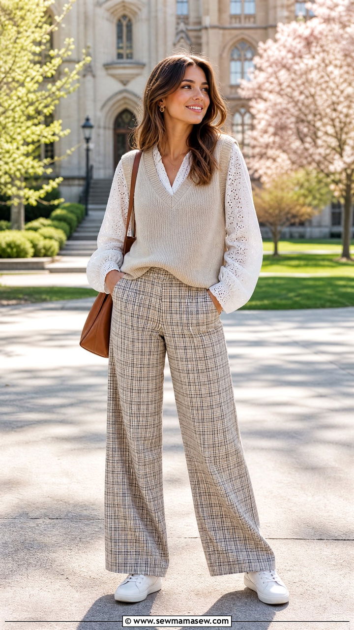 Knit Vest with Eyelet Top and Plaid Pants Outfit - 20 Spring outfits for 55 degree weather