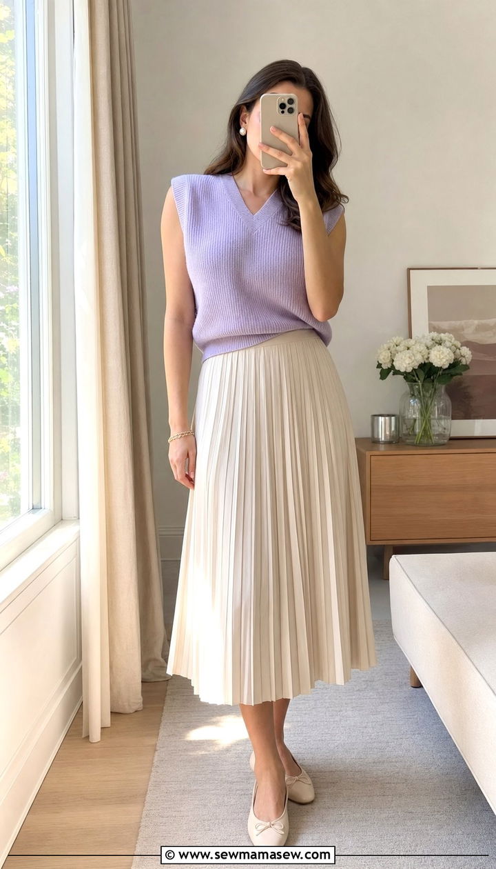 Knit Vest with Pleated Midi Skirt and Ballet Flats - 25 spring vest outfit ideas