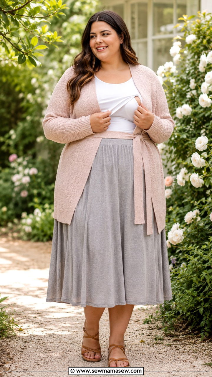 Knit Wrap Cardigan with Fitted Tee and Elastic Waist Midi Skirt - 25 Plus size nursing outfit ideas