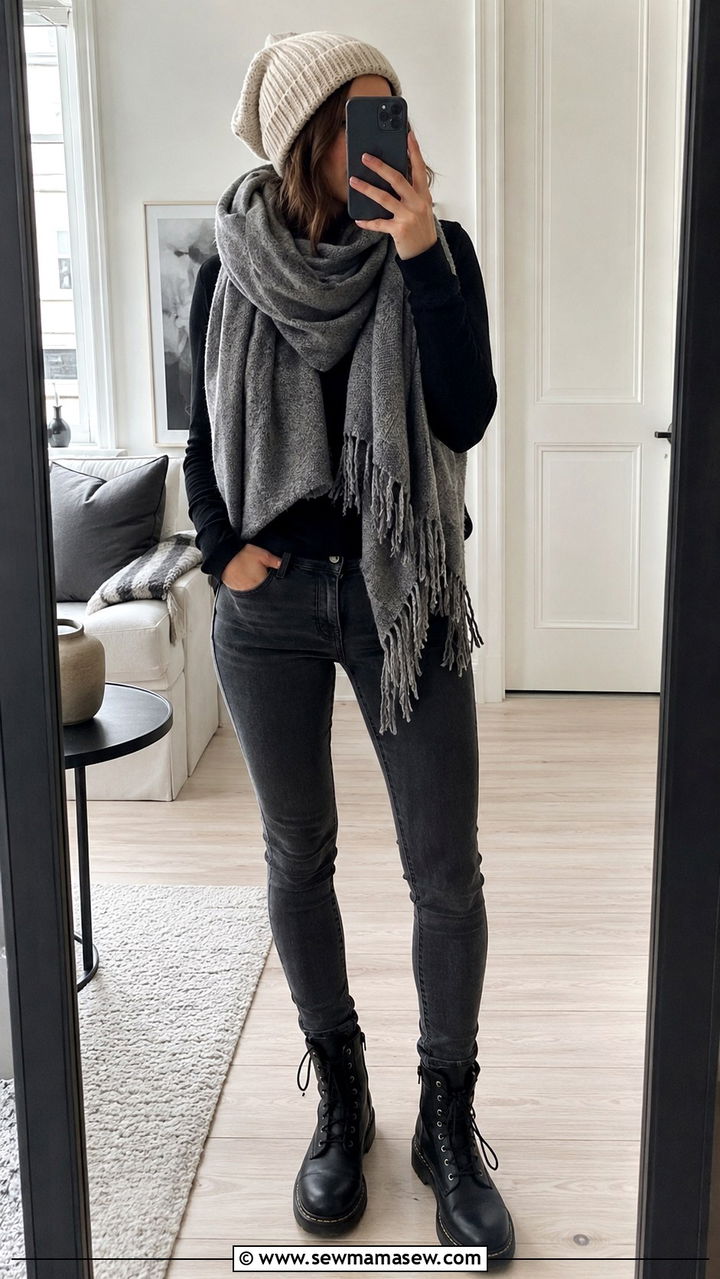 Knit beanie and blanket scarf outfit - 30 Danish cozy outfit ideas