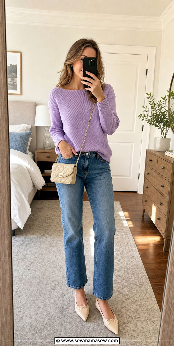 Knit boatneck sweater with straight leg jeans - 25 spring boatneck top outfit ideas