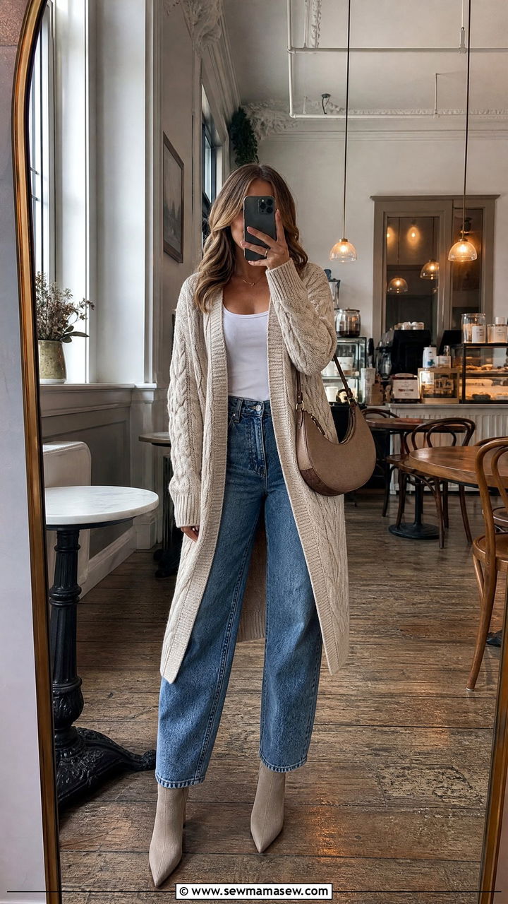 Knit cardigan and barrel leg jeans - 30 Edinburgh outfit ideas