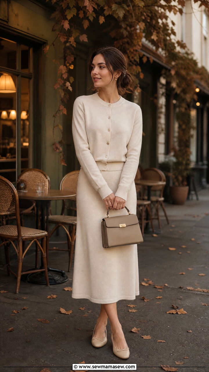 Knit cardigan and matching midi skirt set - 25 Brunch outfit ideas with matching set