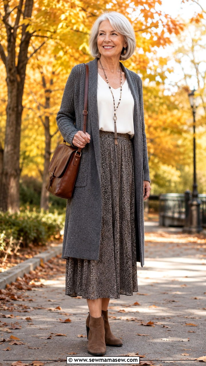 Knit cardigan and midi skirt outfit for women over 65 - 30 Outfit ideas for women over 65