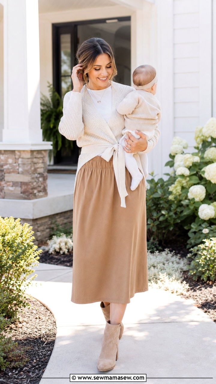 Knit cardigan and midi skirt postpartum outfit - 25 outfit ideas for postpartum women