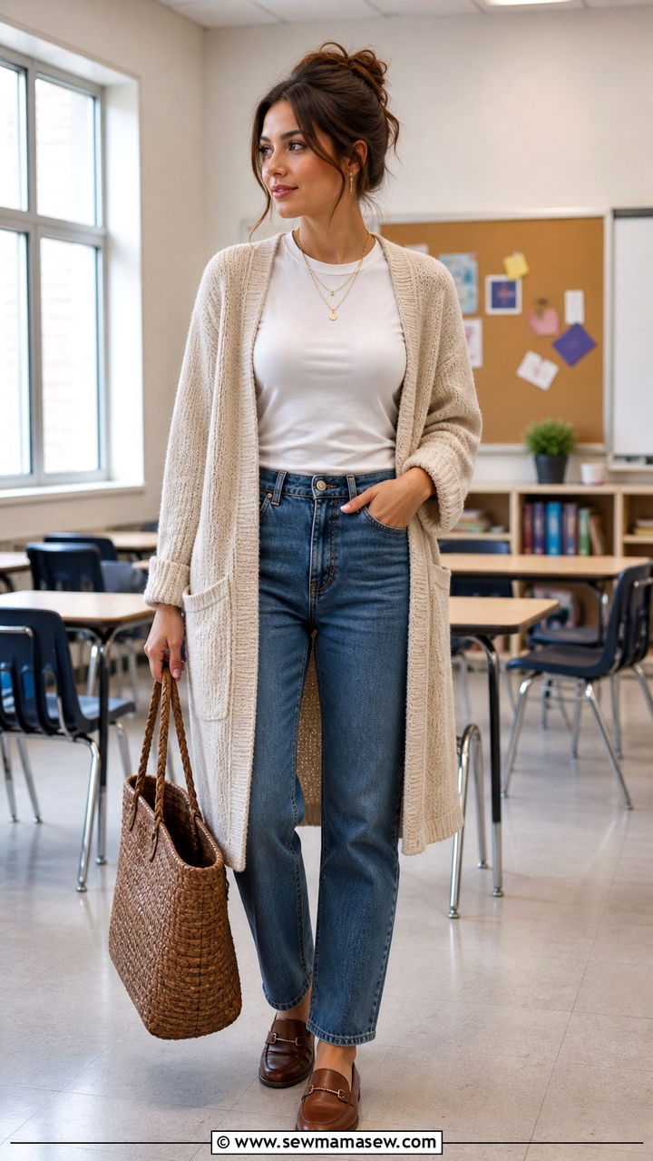 Knit cardigan and straight leg jeans outfit - 40 school outfits