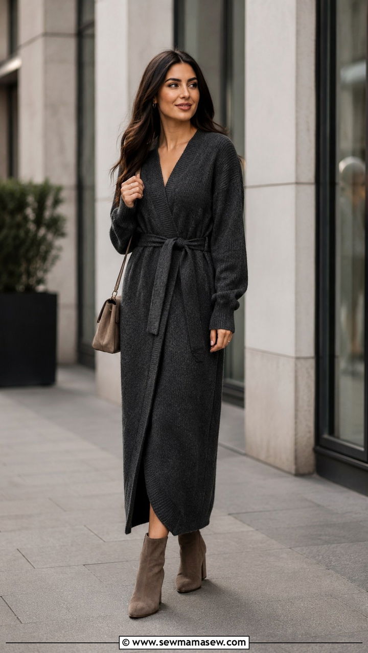 Knit cardigan dress with ankle boots - 30 Modest outfit ideas with cardigan