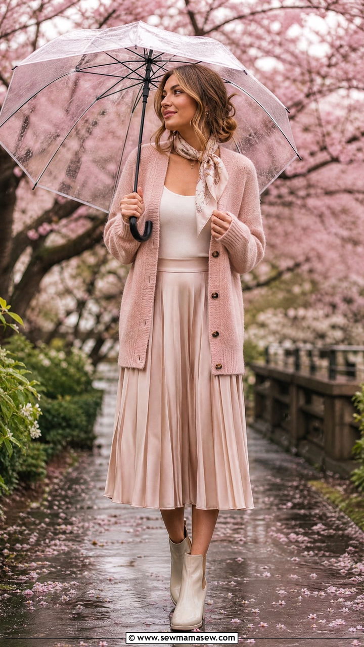 Knit cardigan with midi skirt - 25 spring rainy day outfit ideas
