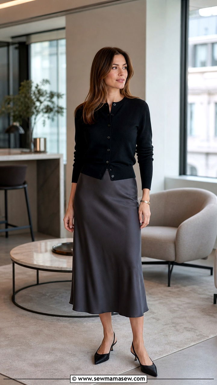 Knit cardigan with midi skirt office look - 40 office outfits 2026