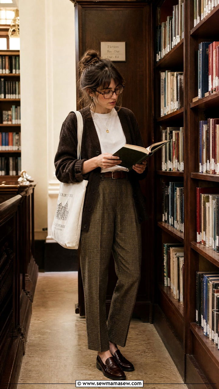 Knit cardigan with plaid trousers - 30 Dark academia school outfits