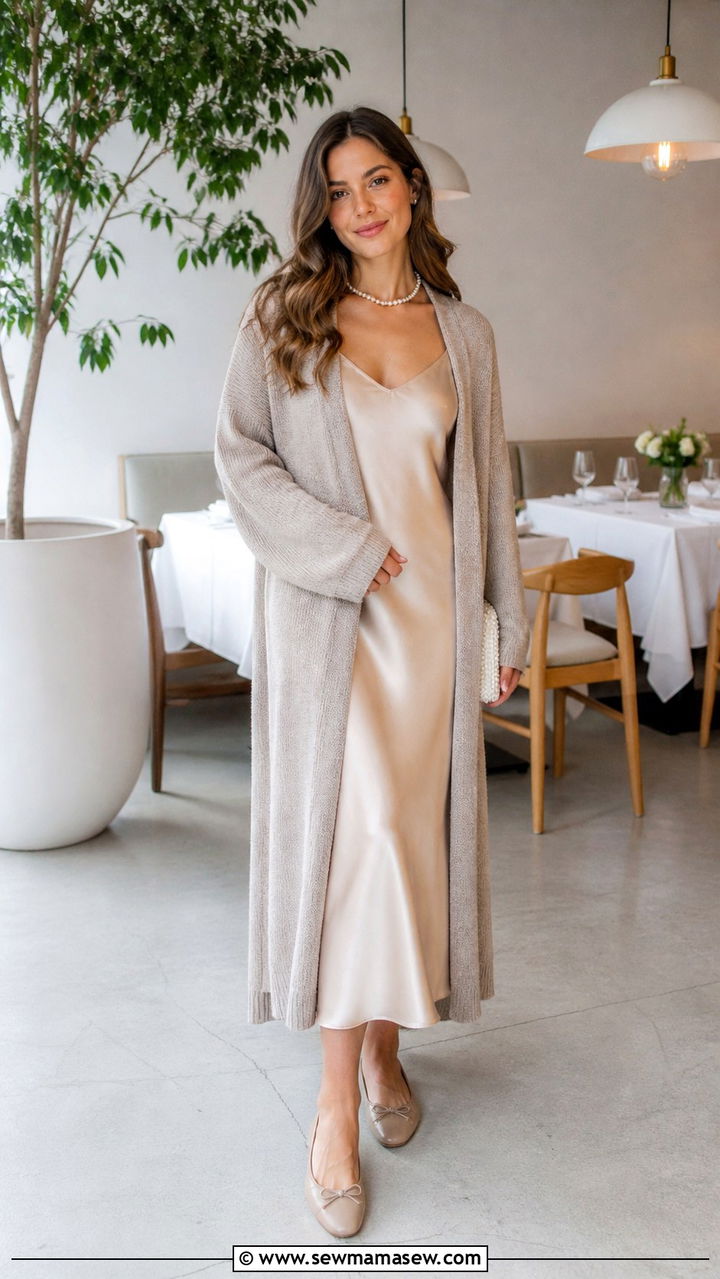 Knit cardigan with slip dress and ballet flats - 20 Eclectic grandpa outfit ideas 2026