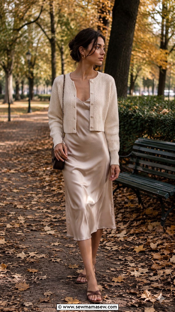 Knit cardigan with slip dress outfit - 25 Petite Parisian outfit ideas