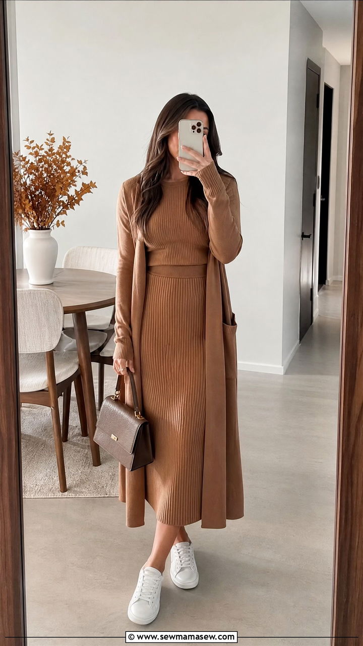 Knit co ord set with longline cardigan - 30 modest brunch outfit ideas