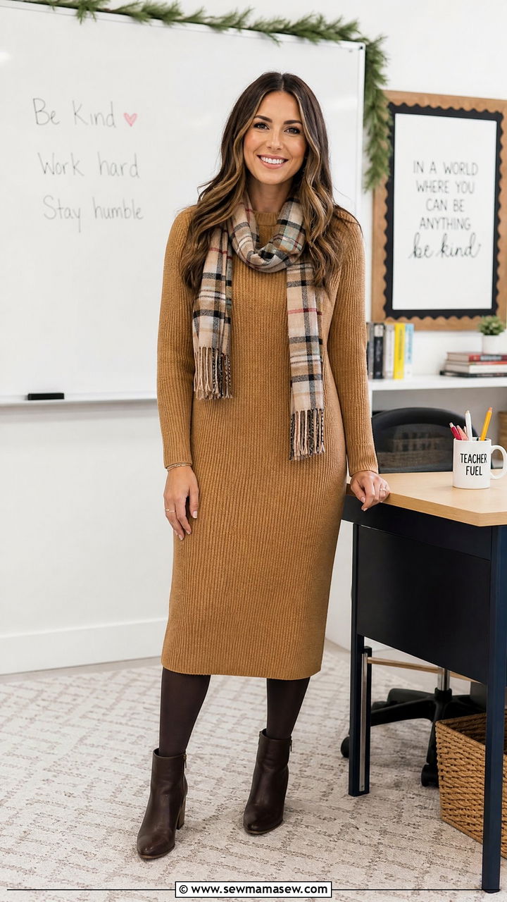Knit dress and ankle boots teacher outfit - 30 Elementary teacher outfit ideas