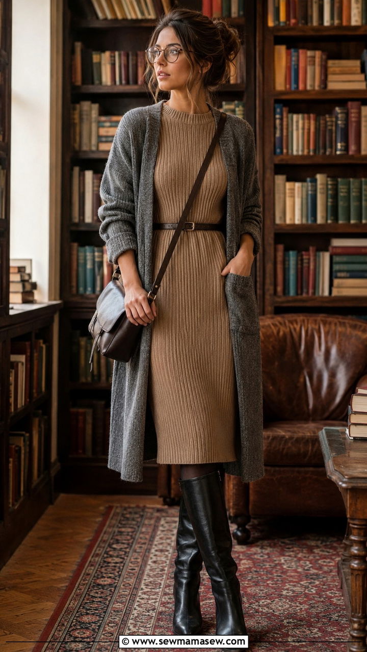 Knit dress and tall boots outfit - 30 librarian core outfits ideas