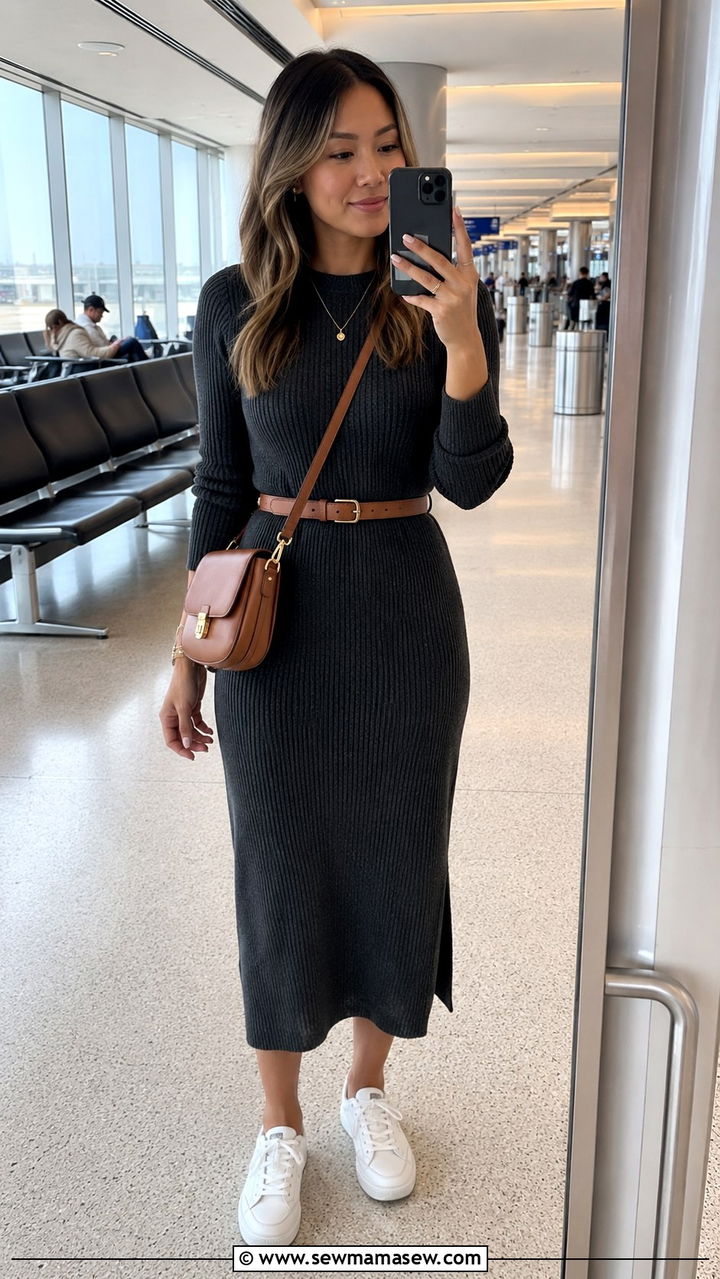 Knit dress sneakers crossbody bag airport outfit - 30 LAX airport outfit ideas