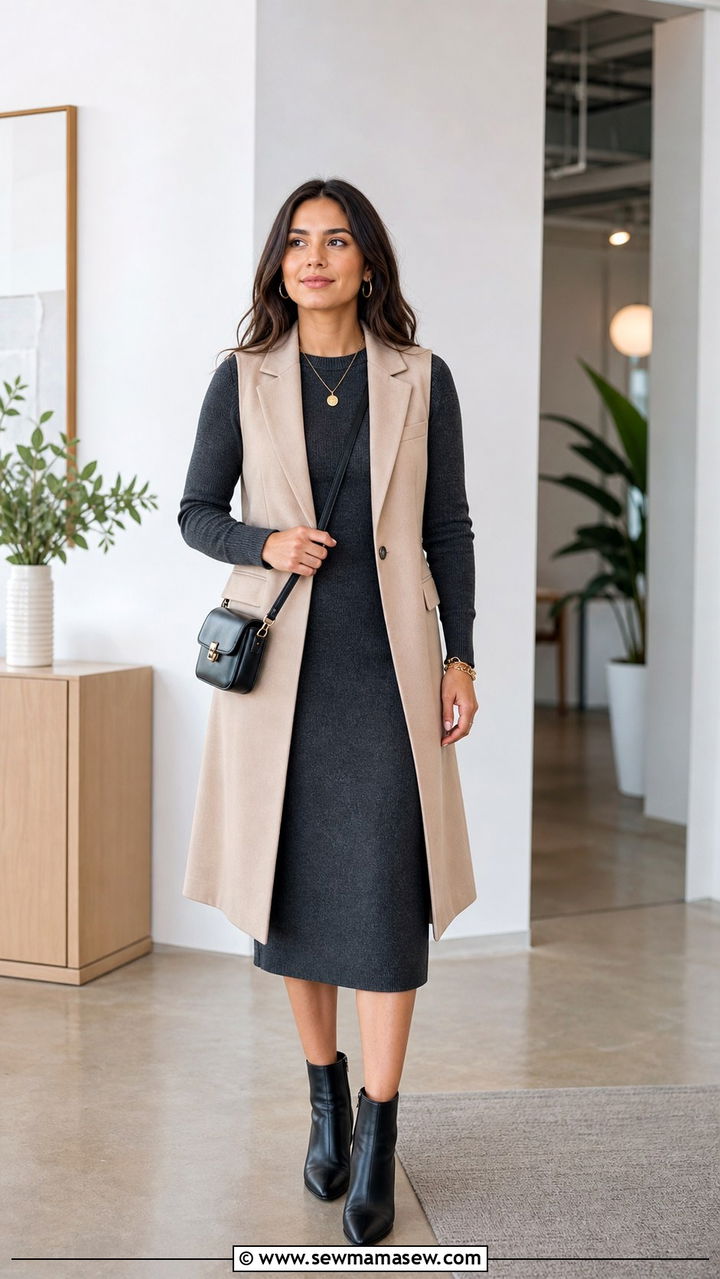 Knit dress with longline vest spring office outfit - 40 Spring office outfit ideas