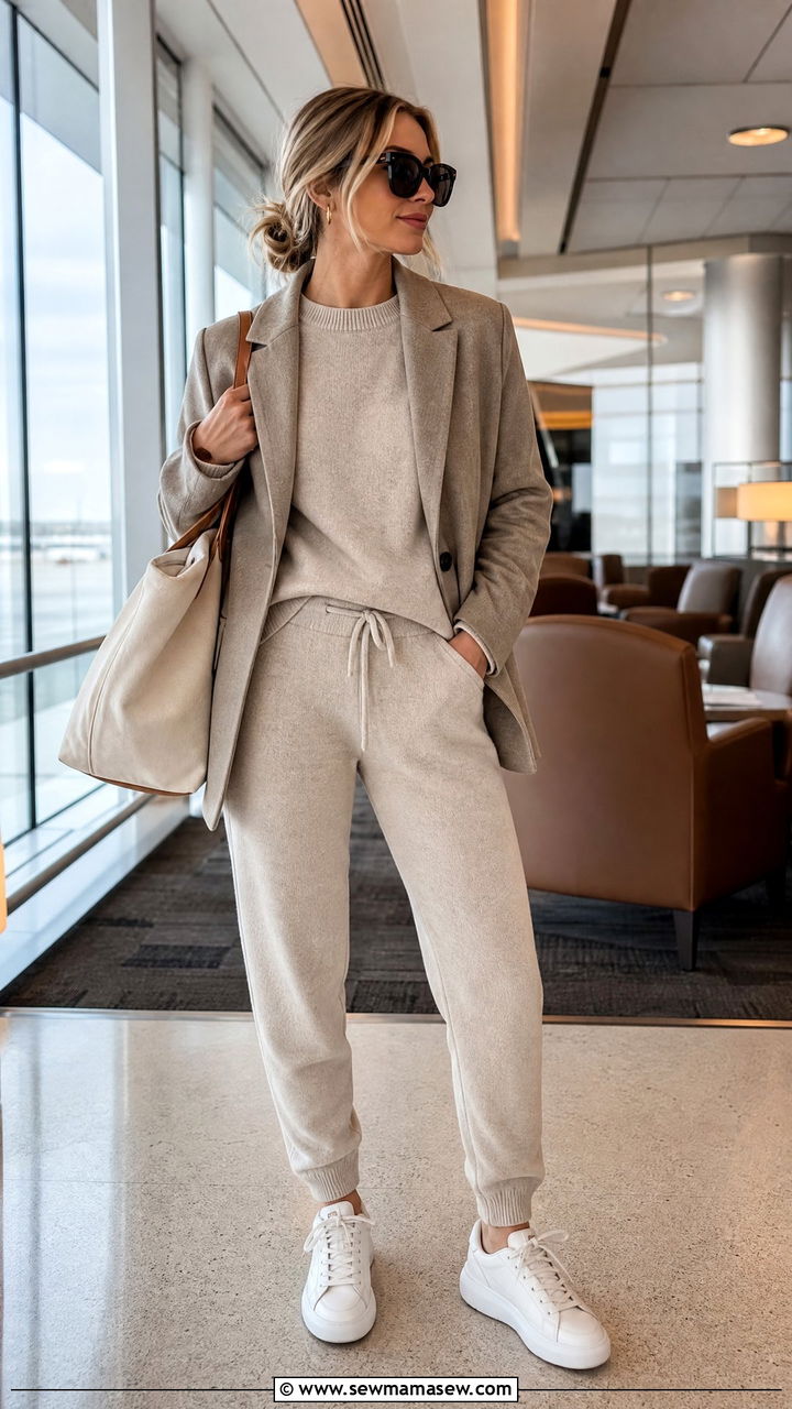 Knit lounge set and white trainers travel - 30 Edinburgh outfit ideas