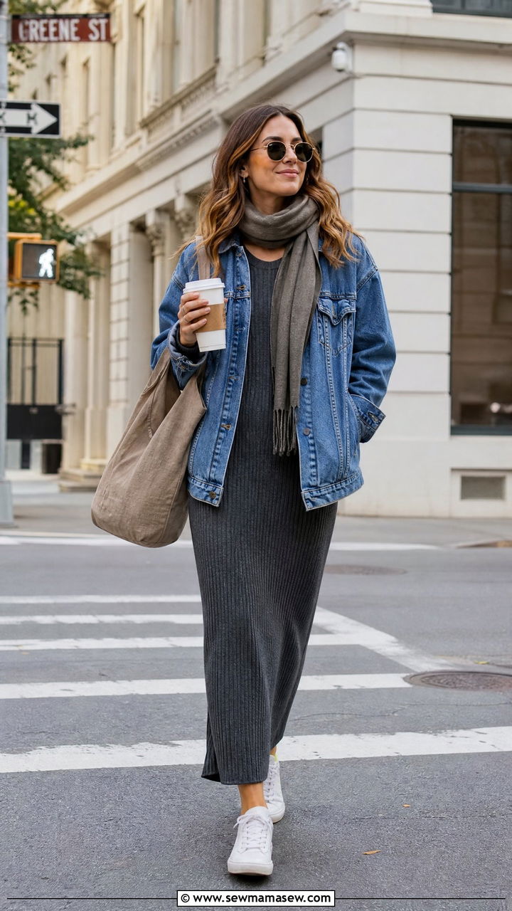 Knit maxi dress with denim jacket outfit - 30 Maxi dress outfit ideas with a denim jacket