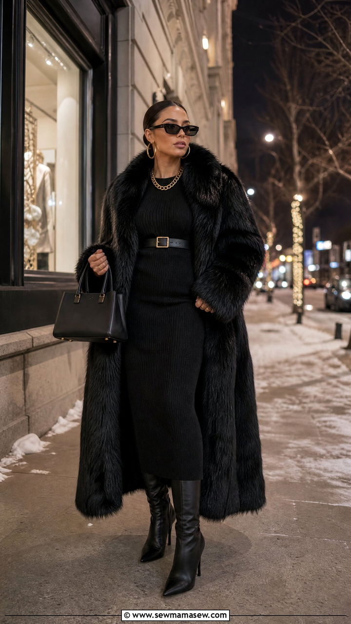 Knit maxi dress with faux fur coat and knee high boots - 35 Mob wife outfit ideas
