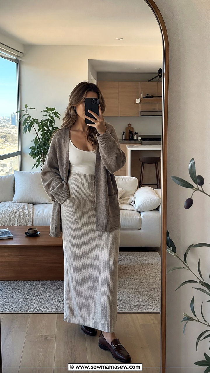 Knit maxi skirt with cardigan and loafers - 40 maxi skirt outfits