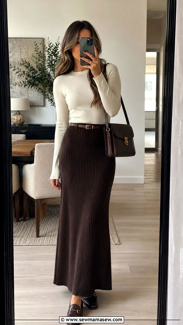 Knit maxi skirt with fitted long sleeve top and loafers - 30 How to style a maxi skirt