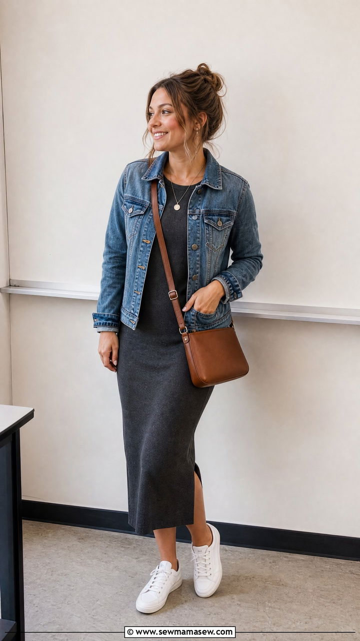 Knit midi dress and denim jacket - 25 High school teacher outfit ideas
