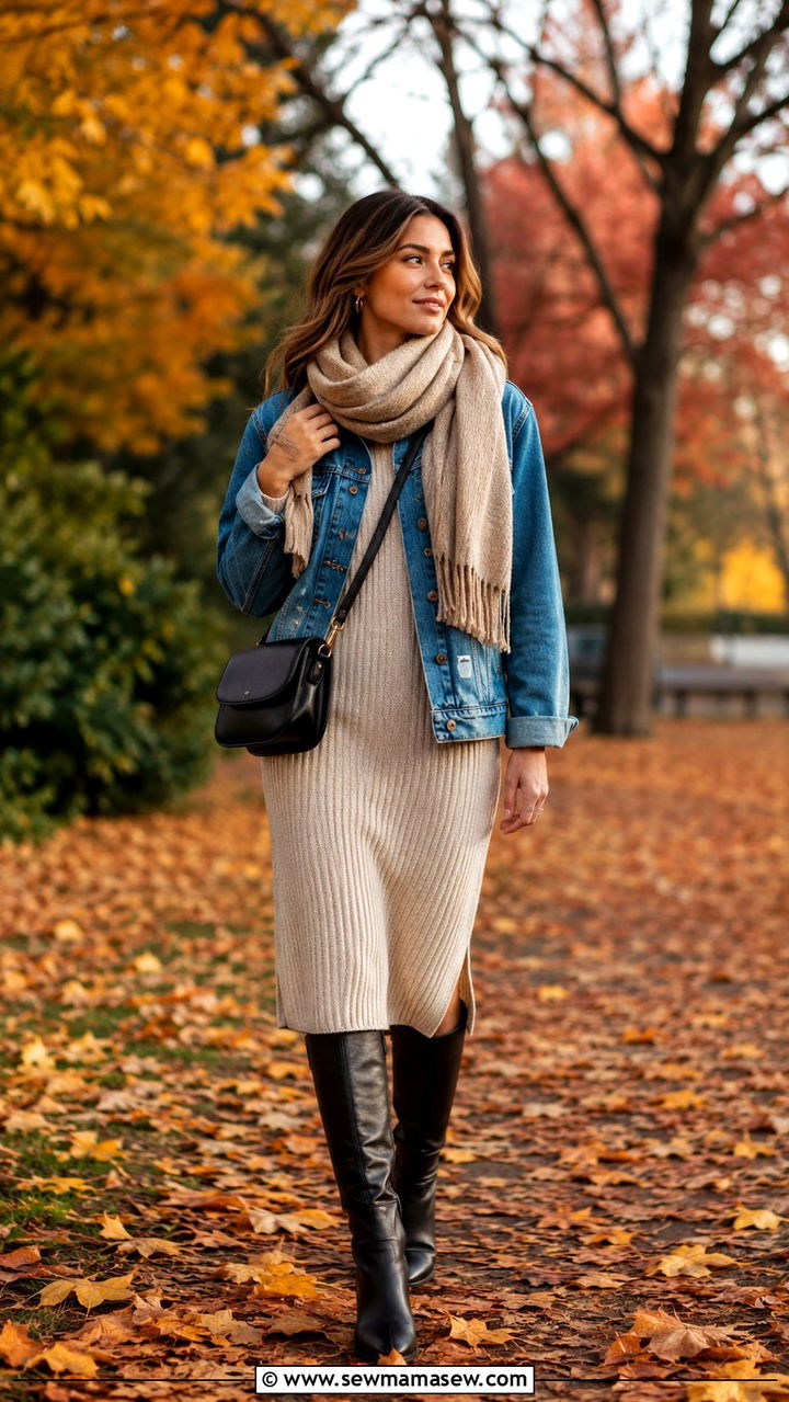 Knit midi dress with a denim jacket and knee high boots - 30 Midi dress outfit ideas with a denim jacket