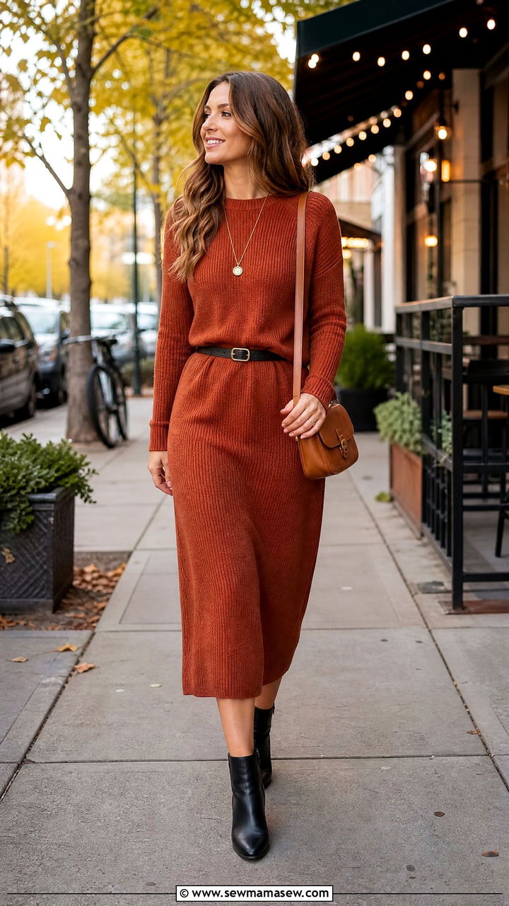 Knit midi dress with ankle boots - 25 High school reunion outfit ideas