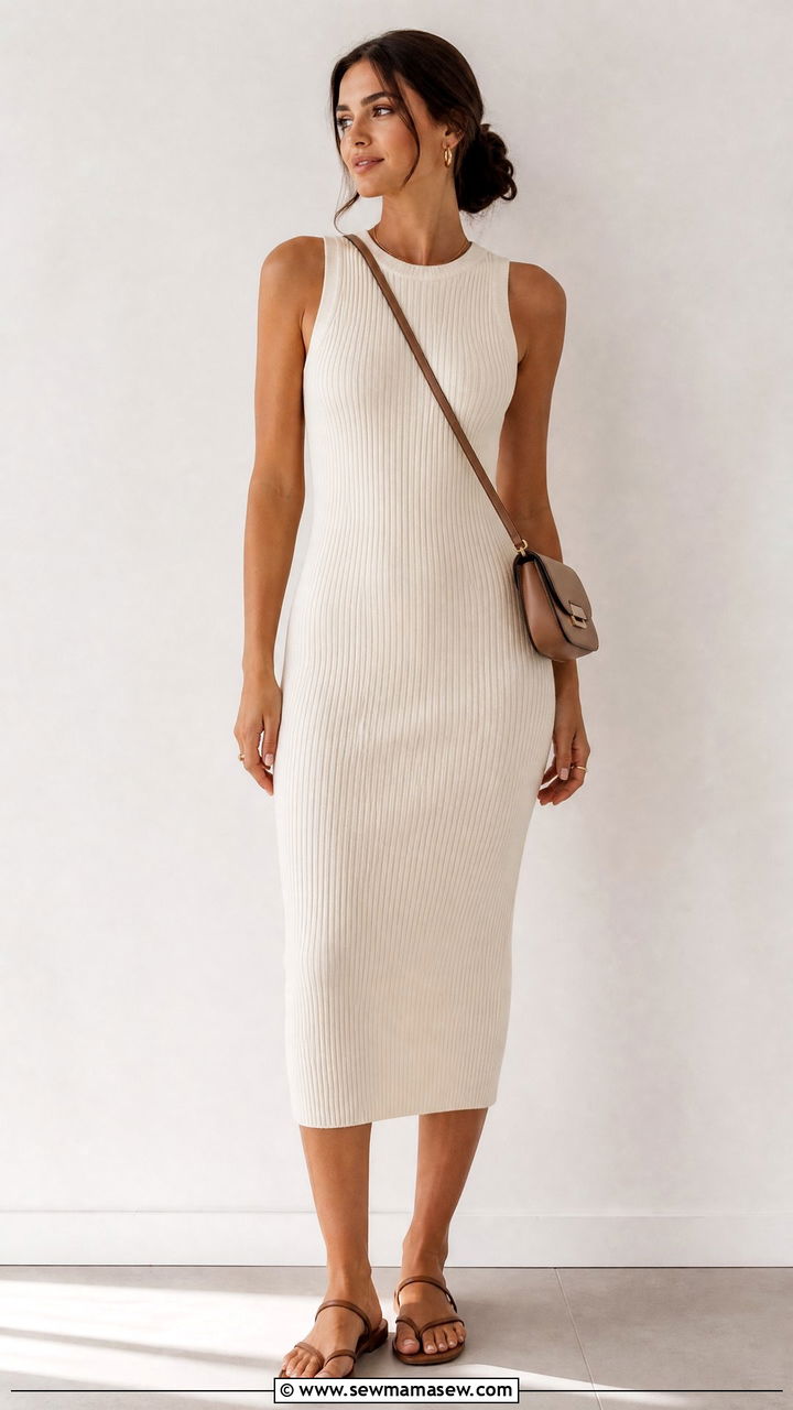 Knit midi dress with flat sandals - 30 summer outfits with flat sandals