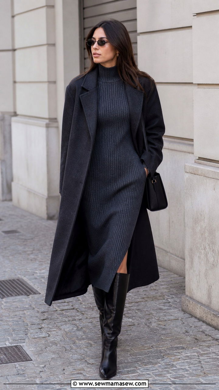 Knit midi dress with knee high boots - 40 midi dress outfit ideas