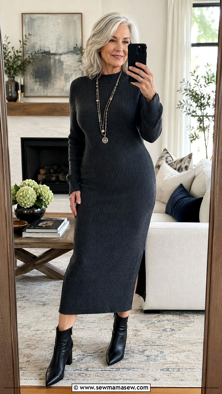 Knit midi dress with long necklace - 20 Curvy outfits for women over 60