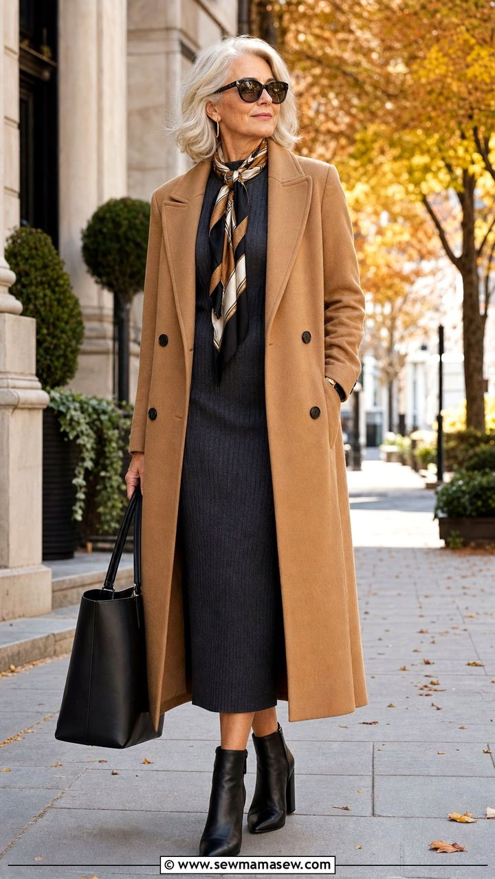 Knit midi dress with long tailored coat outfit - 35 Business casual outfits for women over 50