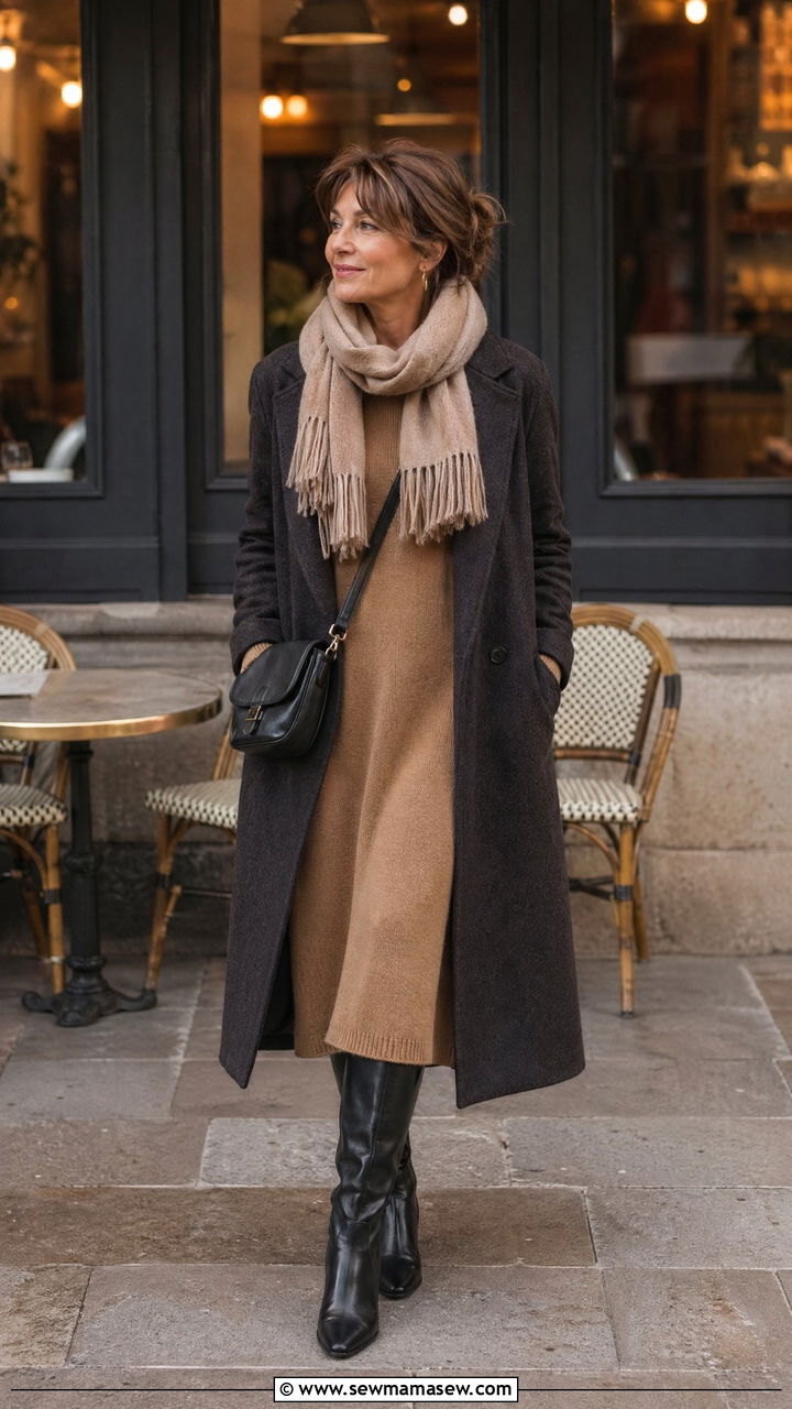 Knit midi dress with long wool coat and leather boots - 35 French girl outfit ideas for women over 50