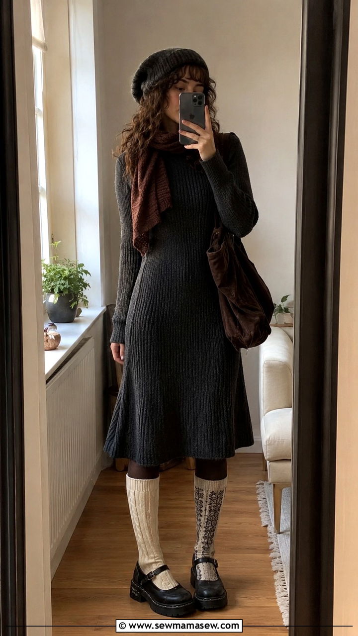 Knit midi dress with mismatched knee high socks - 30 Chaotic academia outfit ideas