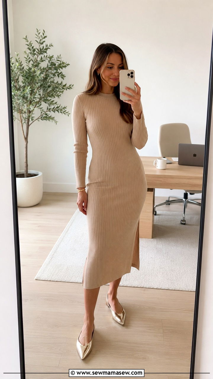 Knit midi dress with pointed toe flats - 20 Startup founder outfit ideas