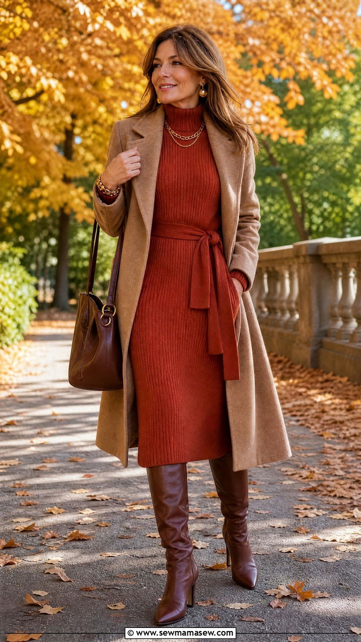 Knit midi dress with tall boots - 30 midi dress outfits for women over 40