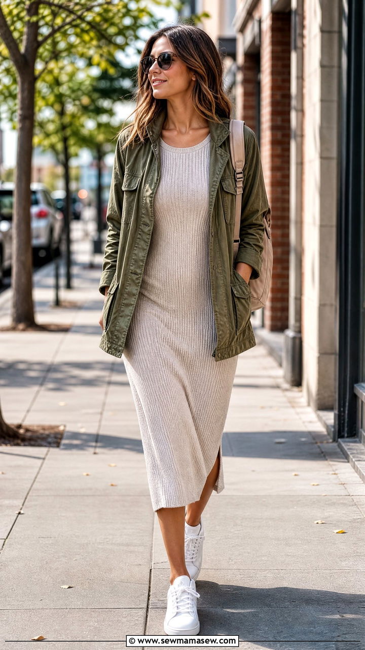Knit midi dress with utility jacket - 25 spring outfits for apple shaped body
