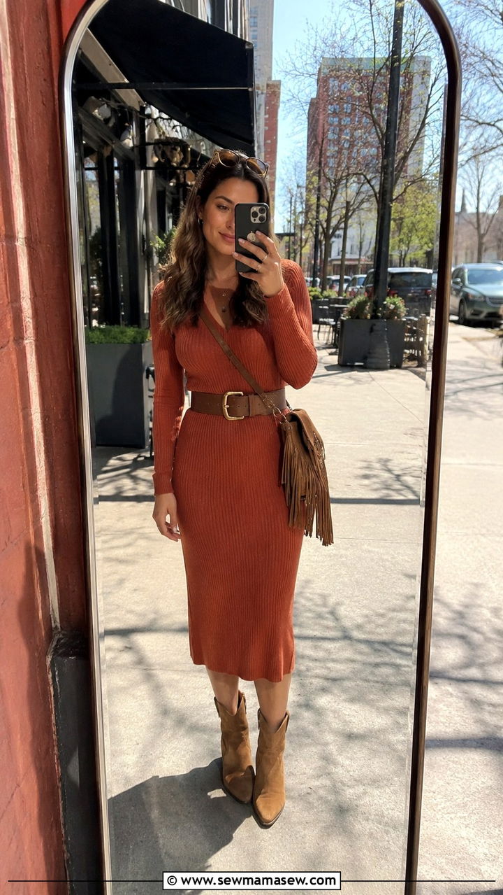 Knit midi dress with western boots - 30 Playful spring outfit ideas