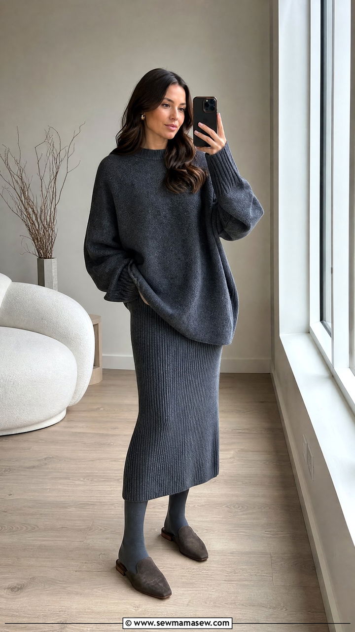 Knit midi skirt with an oversized sweater - 35 Hygge loungewear outfit ideas