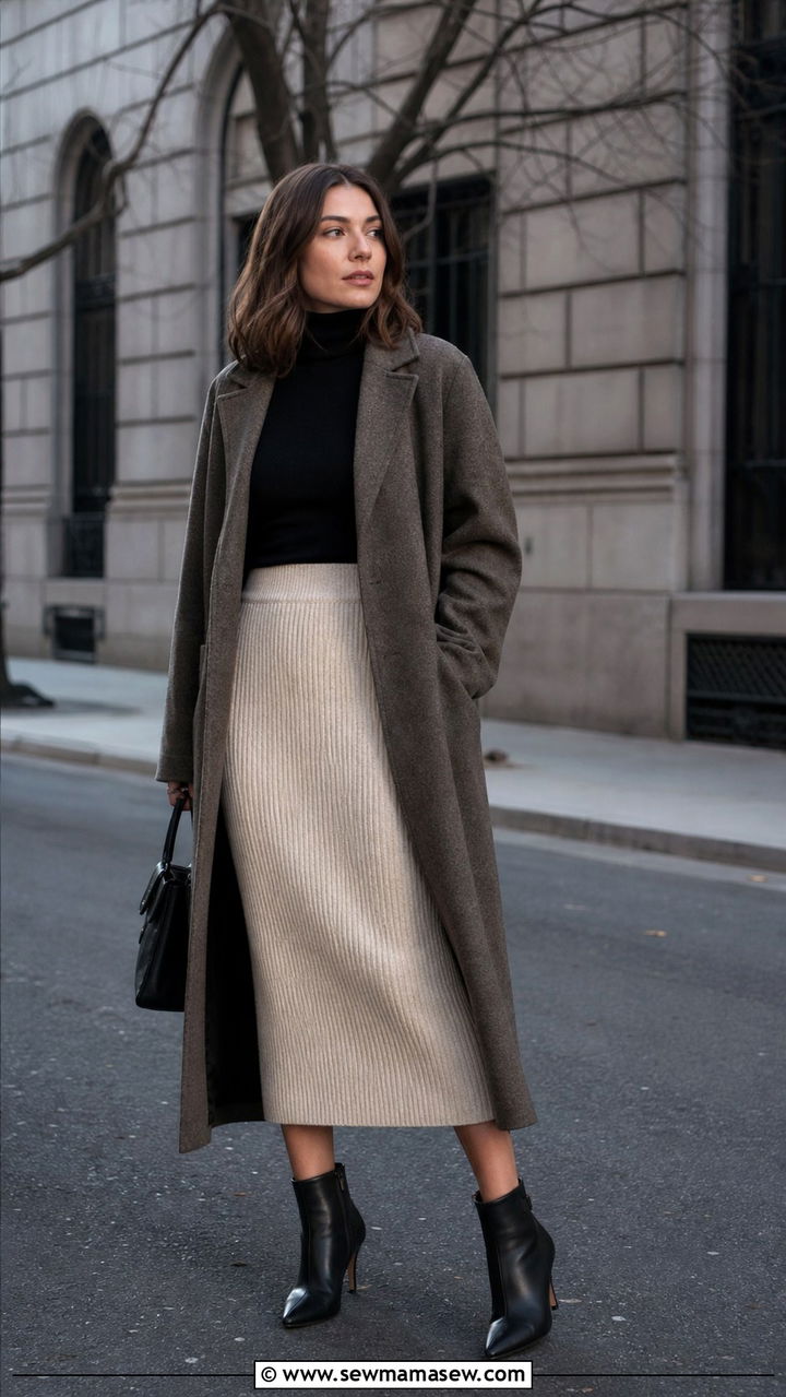 Knit midi skirt with cone heel boots - 30 Midi skirt outfit ideas with heels