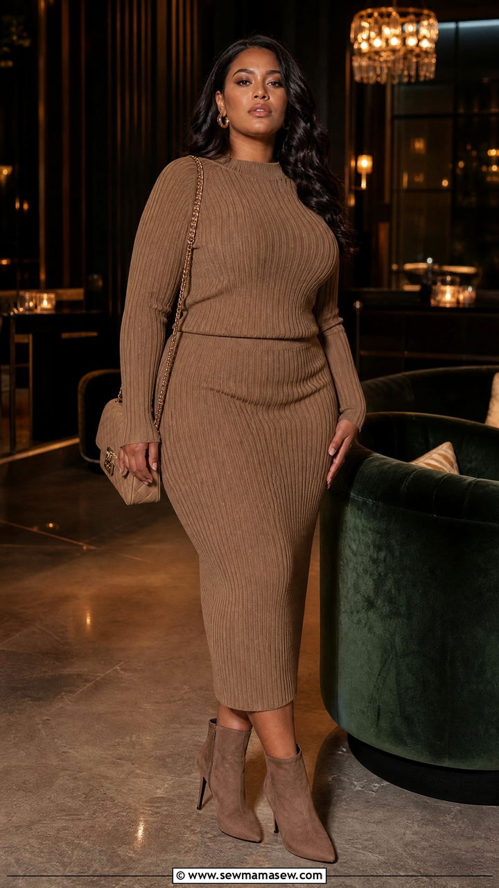 Knit midi skirt with heeled booties - 25 Outfit ideas for thick thighs