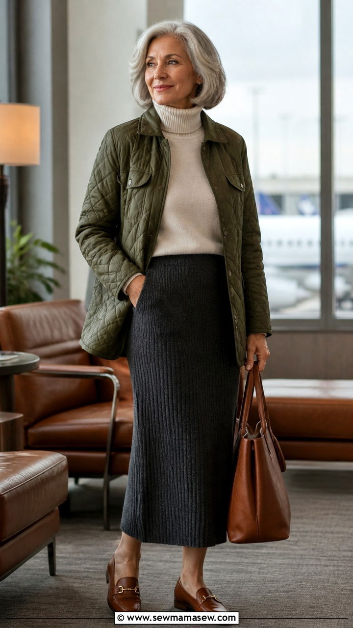 Knit midi skirt with soft turtleneck and quilted jacket - 20 Airport outfit ideas for women over 60