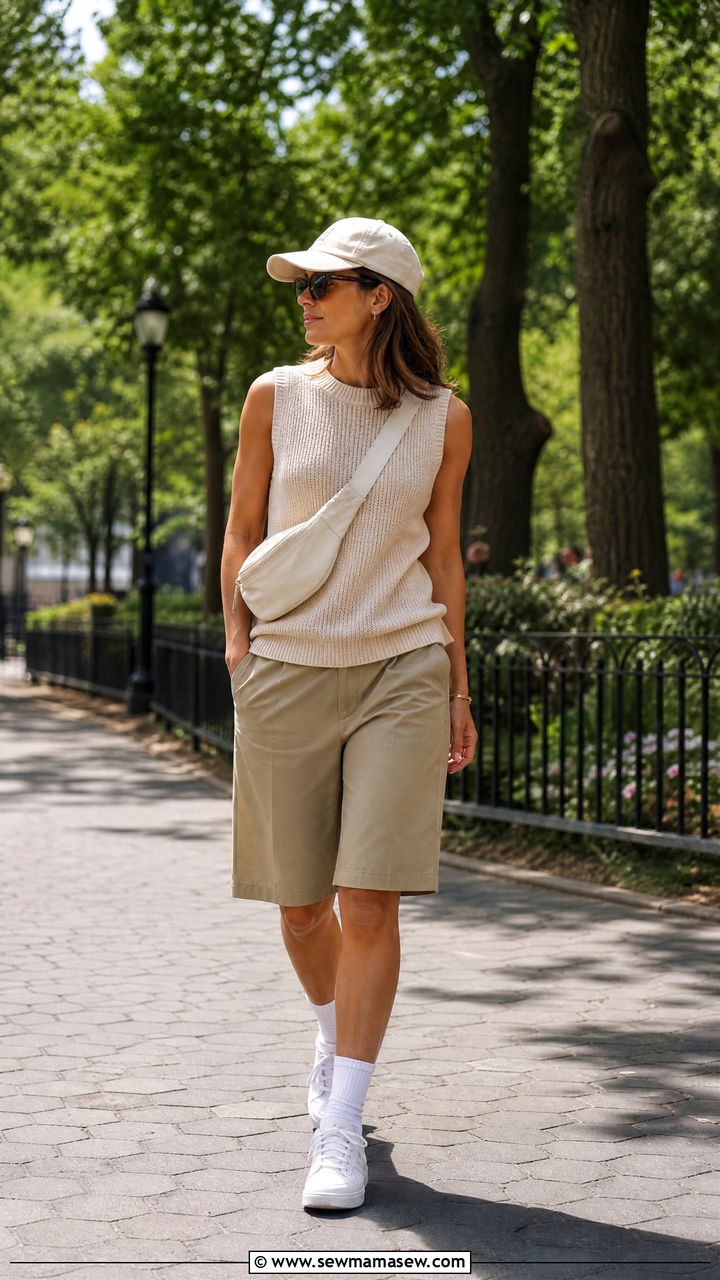 Knit muscle tank with relaxed Bermuda shorts and sneakers - 35 hot weather outfits trends