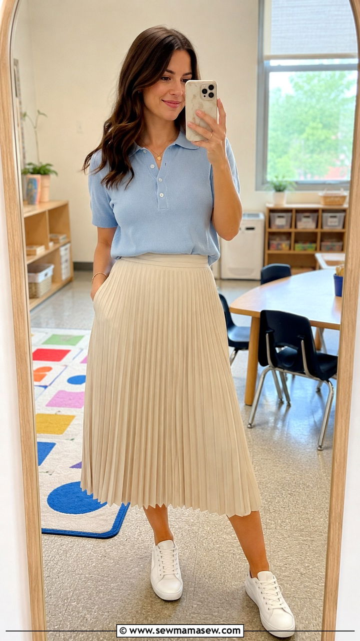Knit polo and pleated skirt preschool teacher outfit - 25 Preschool teacher outfit ideas