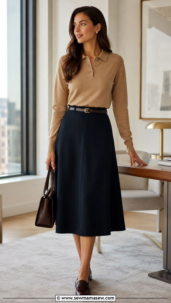 Knit polo with A line skirt - 30 Old money work outfit ideas